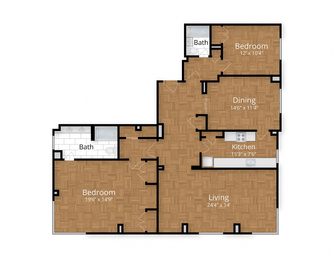 Floor plan for 2 beds, 2 baths, 1505 sqft